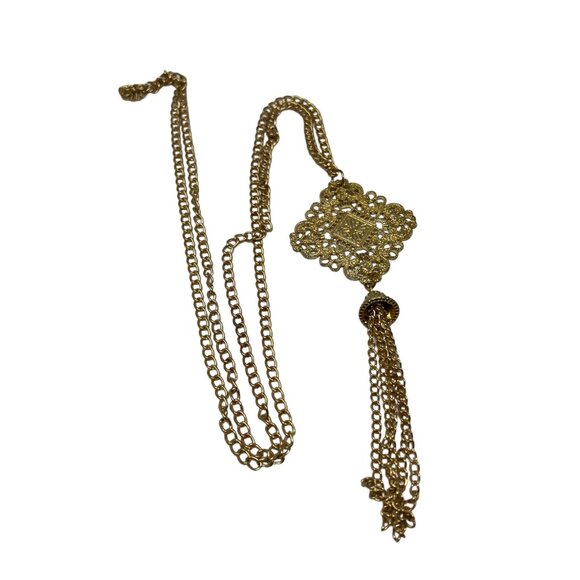 Gold Tone Necklace Long Chain Trangular Pendant with Tassel - Picture 5 of 7